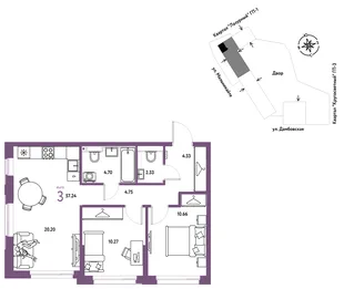 Планировка 3-комн. квартира, 57.24 м² ЖК «Страна Прибрежная»