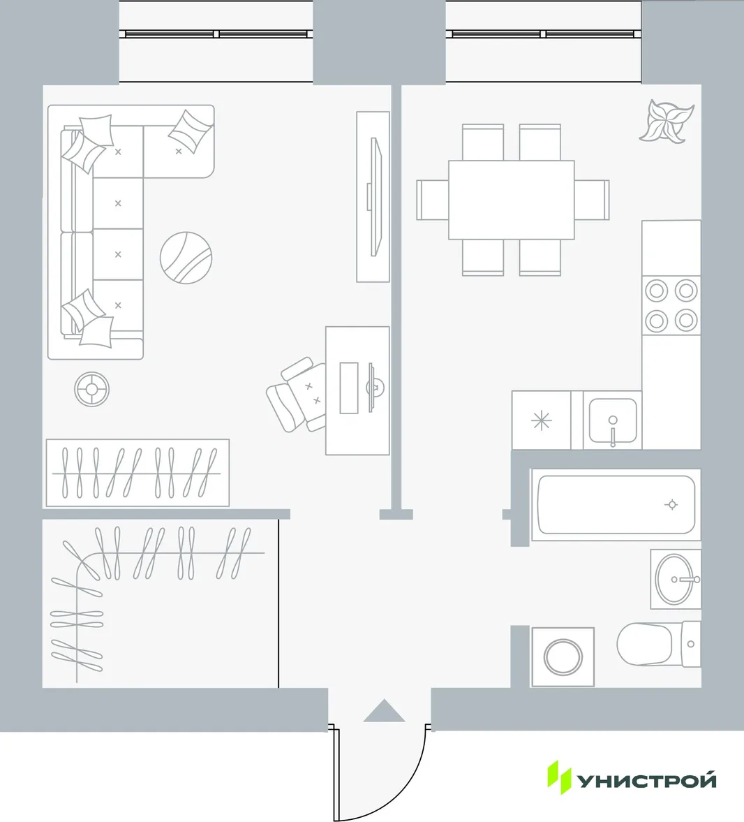 Планировка 1-комн. квартира, 38.18 м² ЖК «Причал»