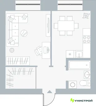 Планировка 1-комн. квартира, 38.18 м² ЖК «Причал»