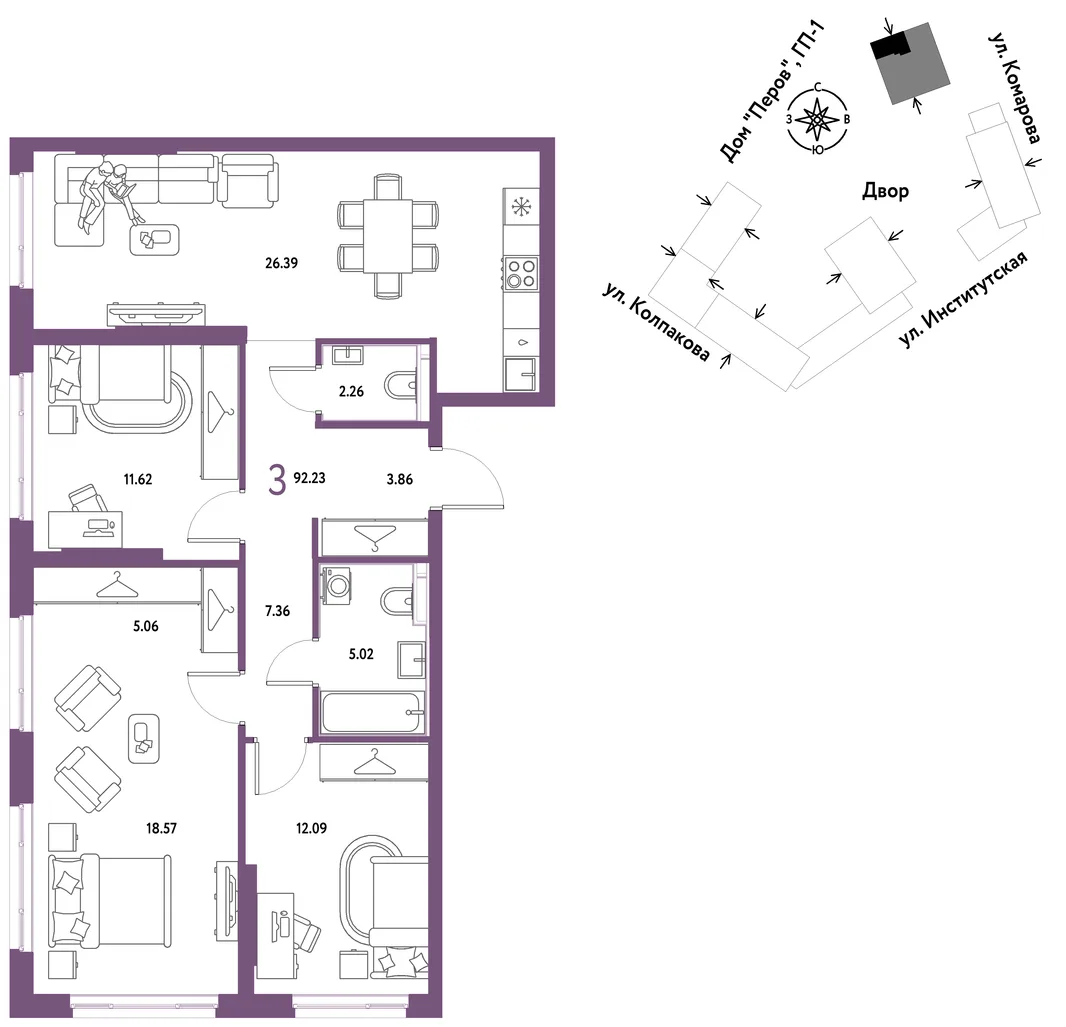 Планировка 3-комн. квартира, 92.23 м² ЖК «Страна.Парковая»