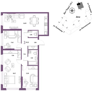 Планировка 3-комн. квартира, 92.23 м² ЖК «Страна.Парковая»