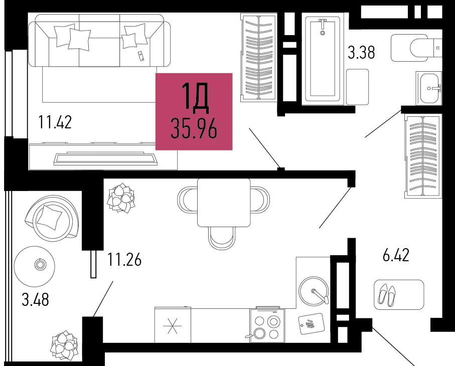 Планировка 1-комн. квартира, 35.96 м² ЖК «Столицыно»