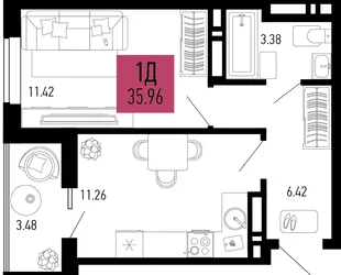 Планировка 1-комн. квартира, 35.96 м² ЖК «Столицыно»