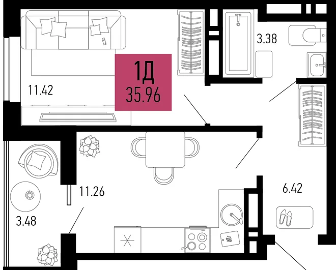 Планировка 1-комн. квартира, 35.96 м² ЖК «Столицыно» Планировка 1-комн. квартира, 35.96 м² ЖК «Столицыно»