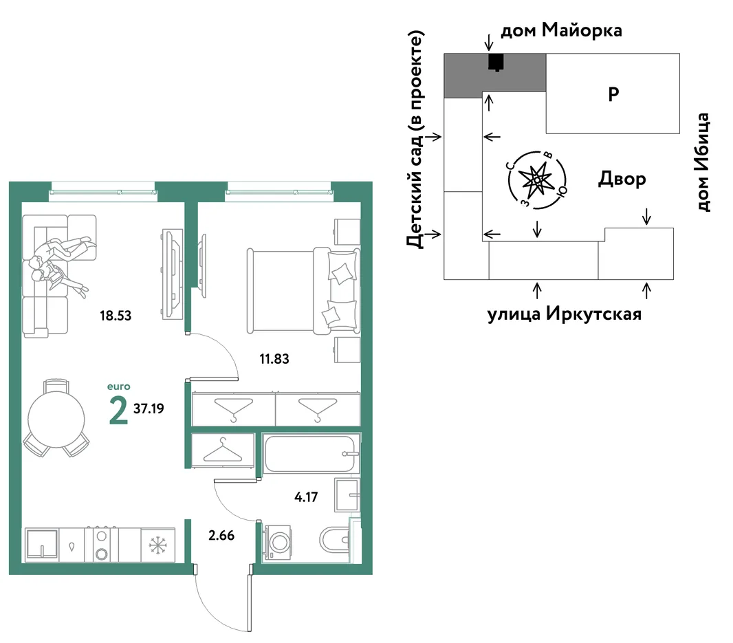Планировка 2-комн. квартира, 37.19 м² ЖК «Остров-сад»