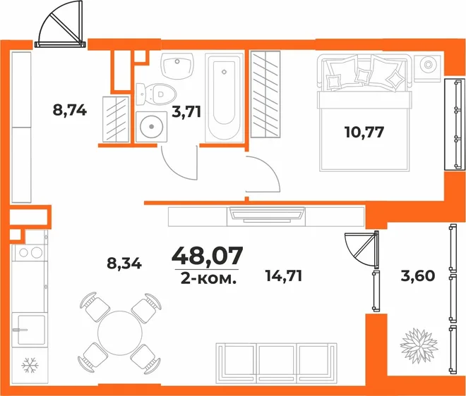 Планировка 2-комн. квартира, 48.07 м² ЖК «Живописный сад» Планировка 2-комн. квартира, 48.07 м² ЖК «Живописный сад»