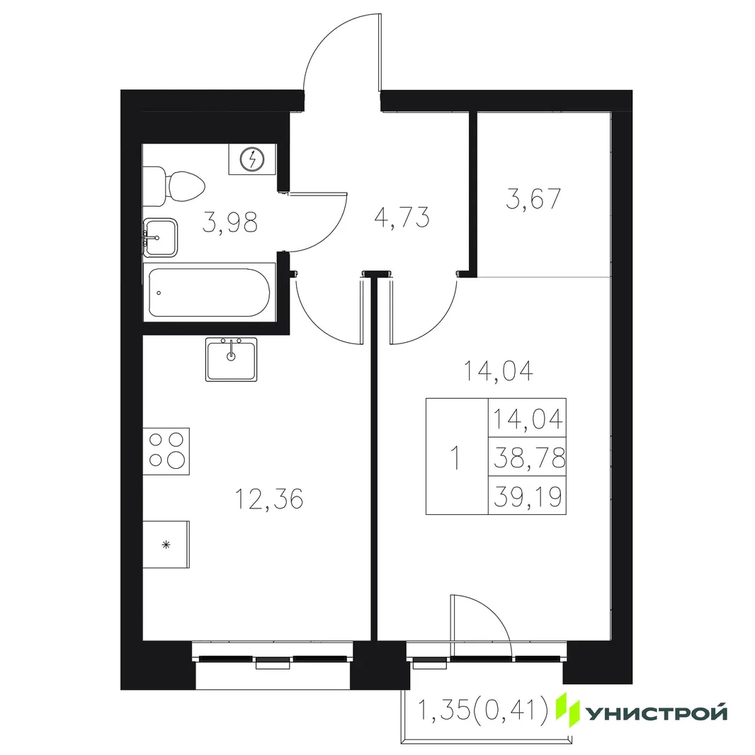 Планировка 1-комн. квартира, 39.19 м² ЖК «Statum»