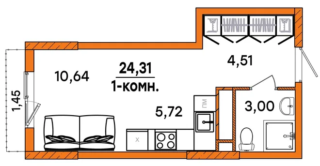 Планировка Студия, 24.31 м² ЖК «Юность» Планировка Студия, 24.31 м² ЖК «Юность»