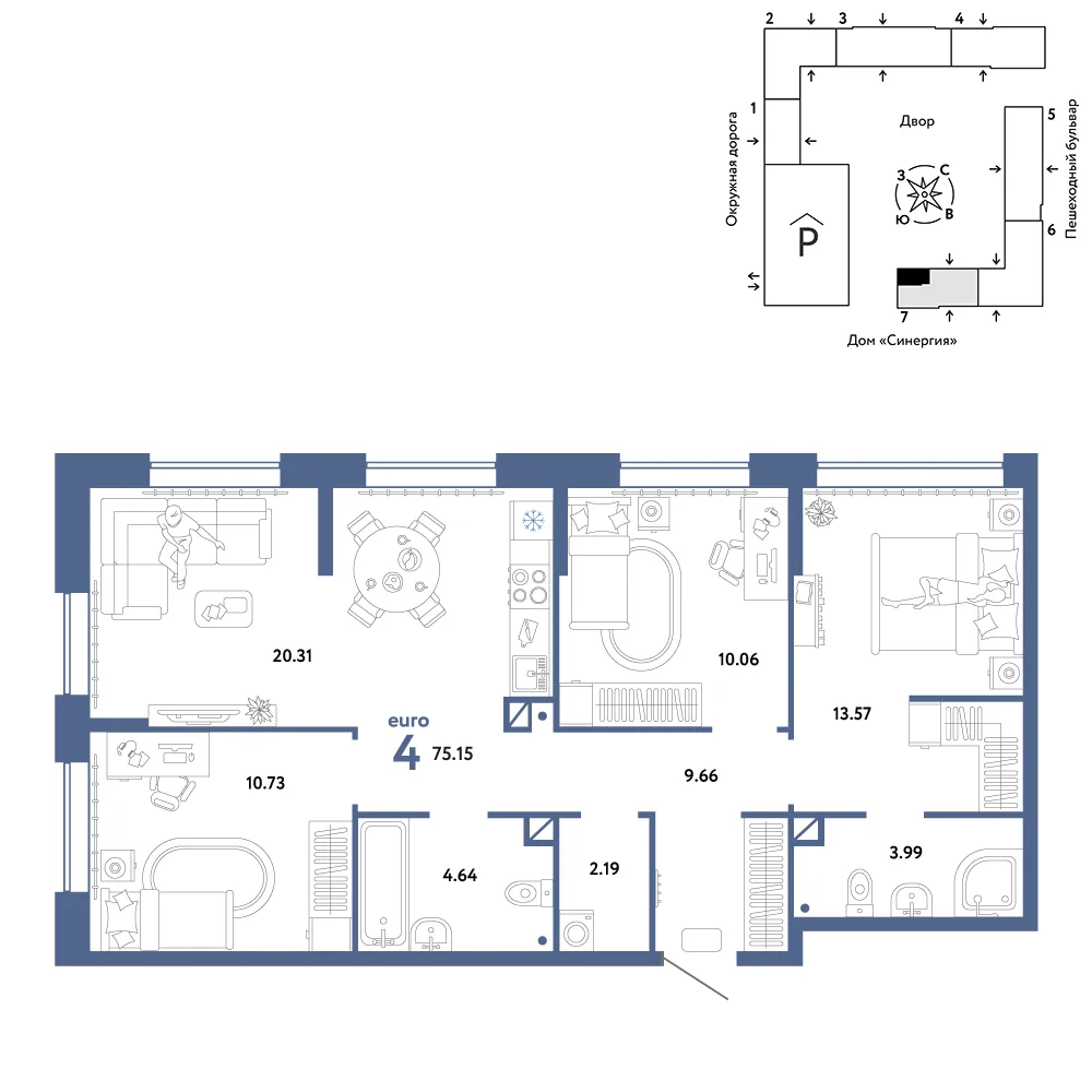 Планировка 4-комн. квартира, 75.15 м² ЖК «Юнион»