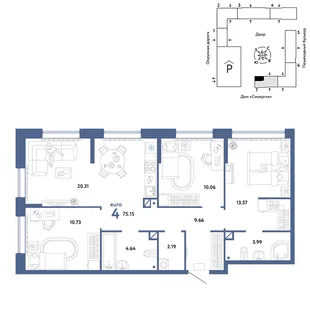 Планировка 4-комн. квартира, 75.15 м² ЖК «Юнион»