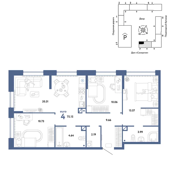 Планировка 4-комн. квартира, 75.15 м² ЖК «Юнион» Планировка 4-комн. квартира, 75.15 м² ЖК «Юнион»
