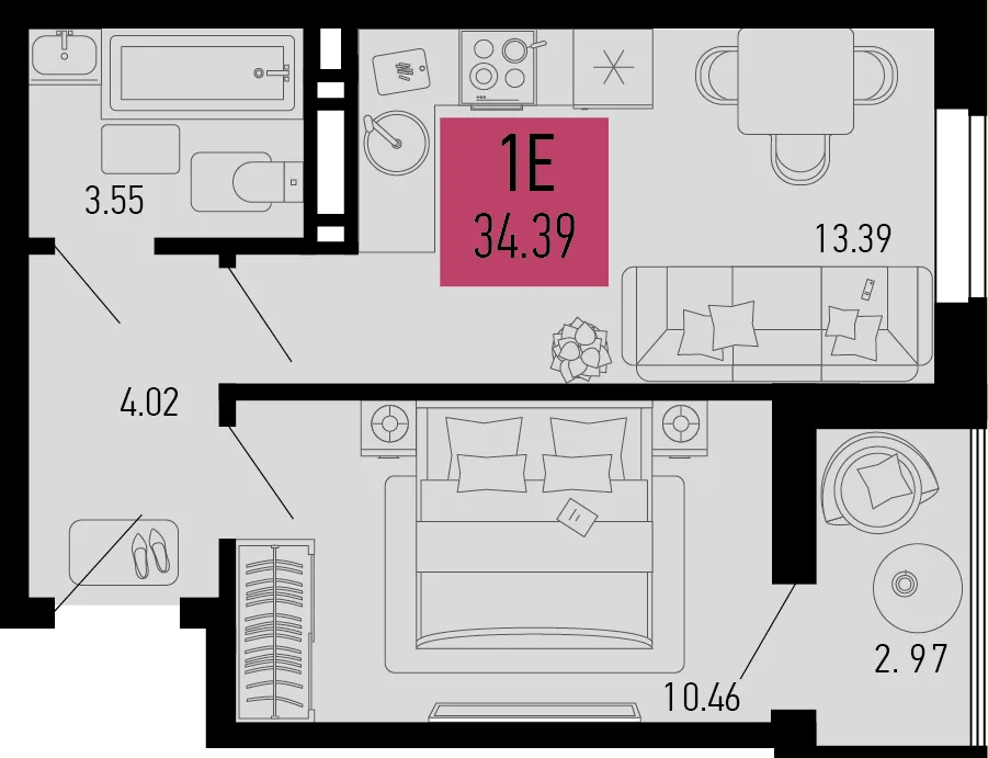 Планировка 1-комн. квартира, 34.81 м² ЖК «Столицыно»