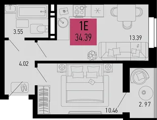 Планировка 1-комн. квартира, 34.81 м² ЖК «Столицыно»