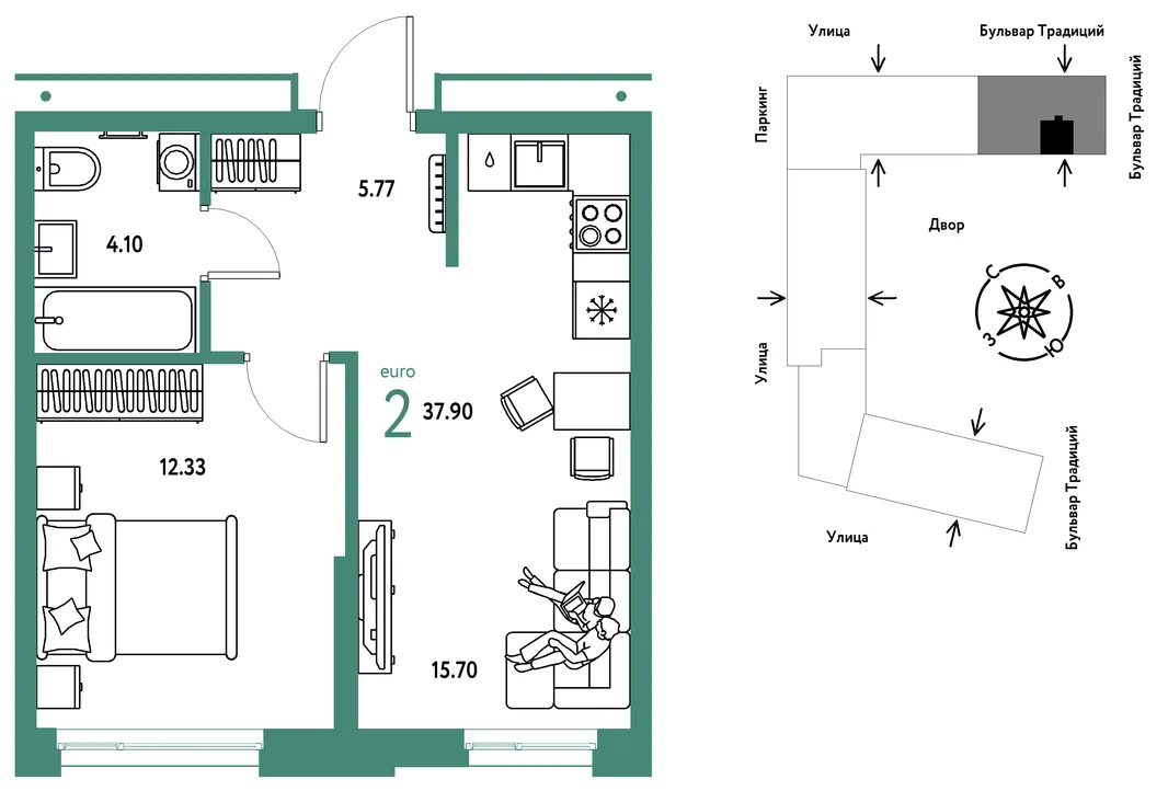 Планировка 2-комн. квартира, 37.9 м² ЖК «Микрорайон Домашний»