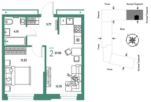 Планировка 2-комн. квартира, 37.9 м² ЖК «Микрорайон Домашний»