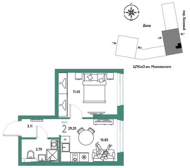 Планировка 2-комн. квартира, 29.2 м² ЖК «Сибирский сад» Планировка 2-комн. квартира, 29.2 м² ЖК «Сибирский сад»
