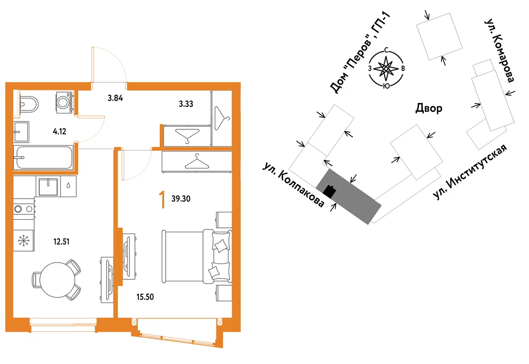 Планировка 1-комн. квартира, 39.3 м² ЖК «Страна.Парковая»