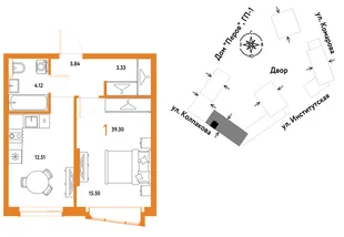 Планировка 1-комн. квартира, 39.3 м² ЖК «Страна.Парковая»
