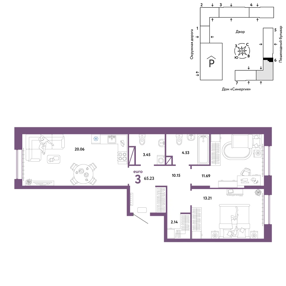 Планировка 3-комн. квартира, 65.23 м² ЖК «Юнион»