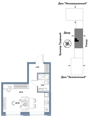 Планировка Студия, 28.3 м² ЖК «Микрорайон Домашний»