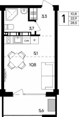 Планировка 1-комн. квартира, 28.5 м² Апарт-комплекс «Альморе»