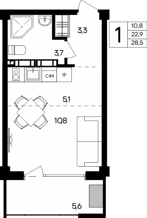 Планировка 1-комн. квартира, 28.5 м² Апарт-комплекс «Альморе» Планировка 1-комн. квартира, 28.5 м² Апарт-комплекс «Альморе»