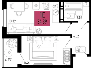 Планировка 1-комн. квартира, 34.39 м² ЖК «Столицыно»