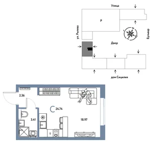 Планировка Студия, 24.74 м² ЖК «Остров-сад»