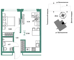 Планировка 2-комн. квартира, 37.08 м² ЖК «Страна Прибрежная»
