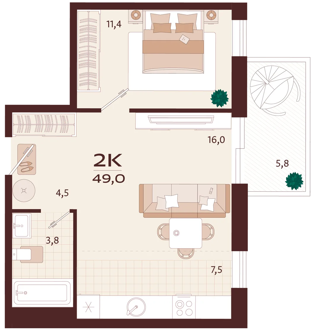 Планировка 2-комн. квартира, 49 м² ЖК «Роялта»