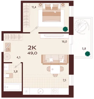 Планировка 2-комн. квартира, 49 м² ЖК «Роялта»
