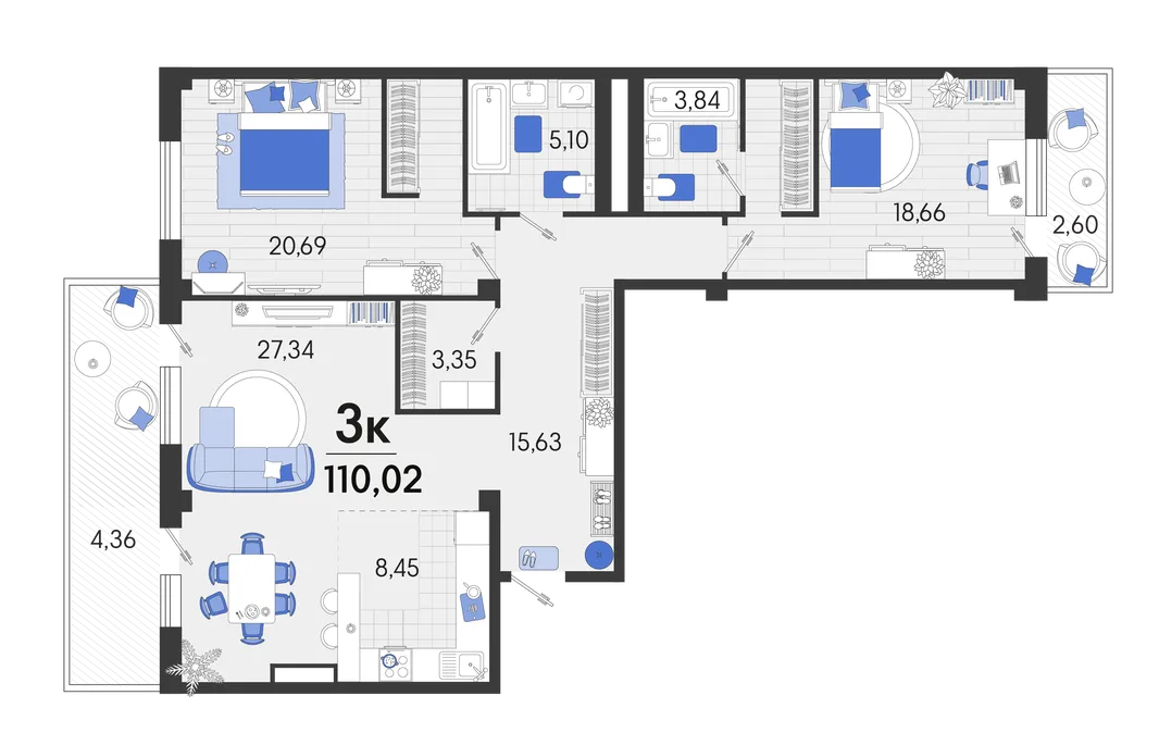 Планировка 3-комн. квартира, 112.1 м² ЖК «Белые Росы 2»