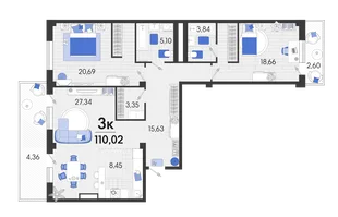 Планировка 3-комн. квартира, 112.1 м² ЖК «Белые Росы 2»