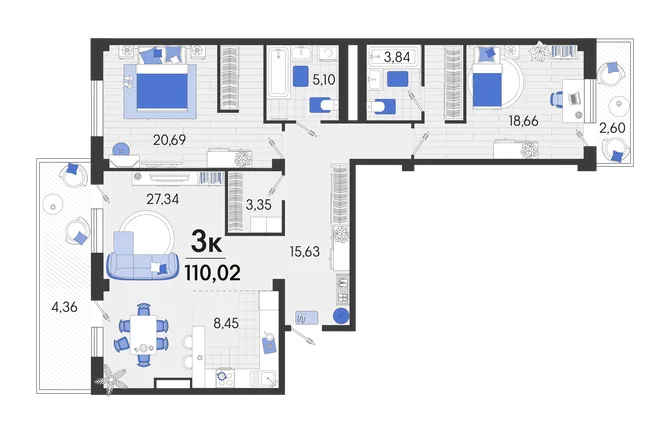 Планировка 3-комн. квартира, 112.1 м² ЖК «Белые Росы 2»