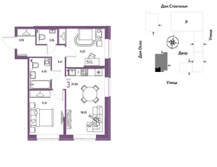 Планировка 3-комн. квартира, 57 м² ЖК «Европейский берег 2.0»