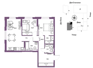 Планировка 3-комн. квартира, 66.62 м² ЖК «Европейский берег 2.0»