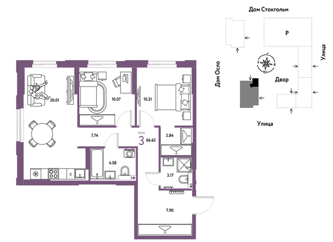 Планировка 3-комн. квартира, 66.62 м² ЖК «Европейский берег 2.0» Планировка 3-комн. квартира, 66.62 м² ЖК «Европейский берег 2.0»