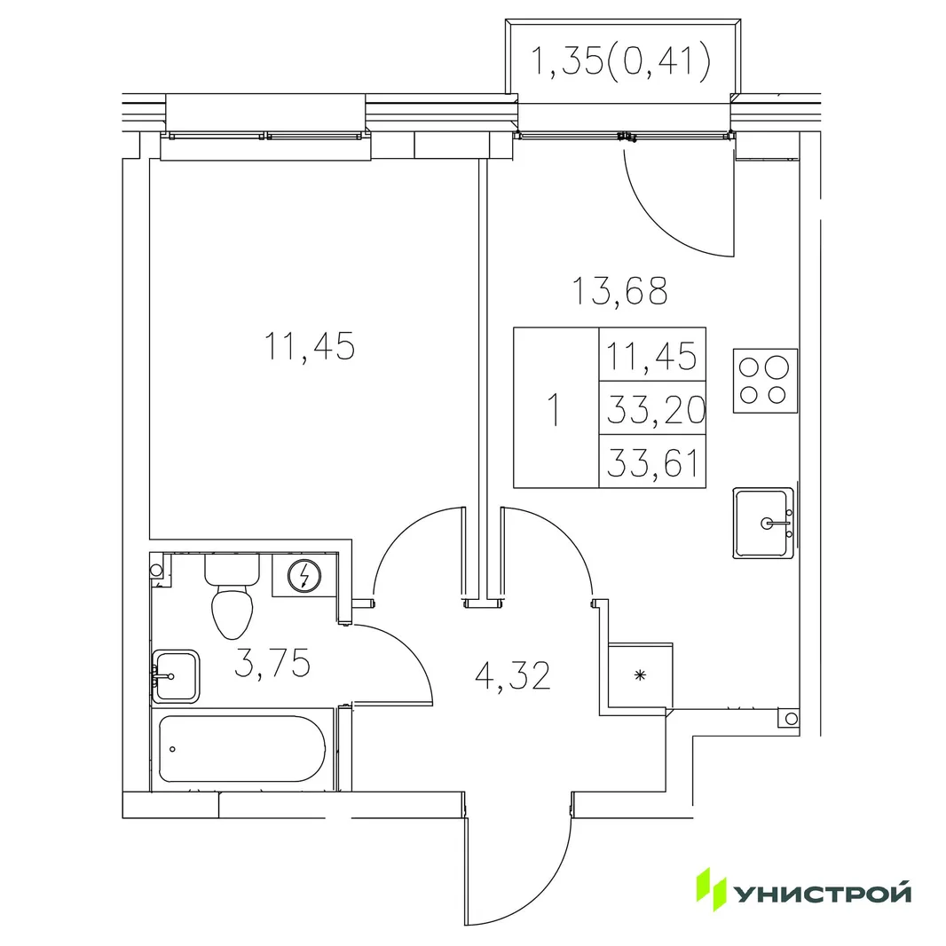 Планировка 1-комн. квартира, 33.61 м² ЖК «Statum»