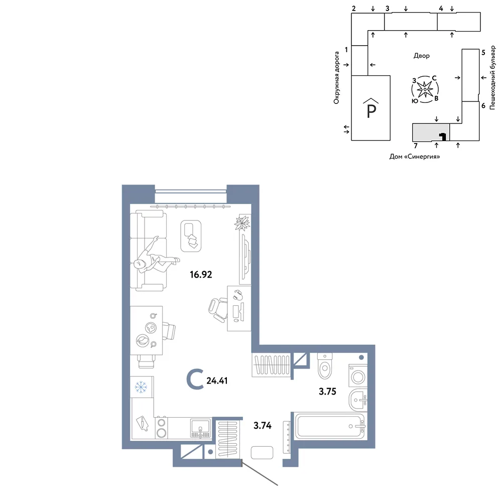 Планировка Студия, 24.41 м² ЖК «Юнион»