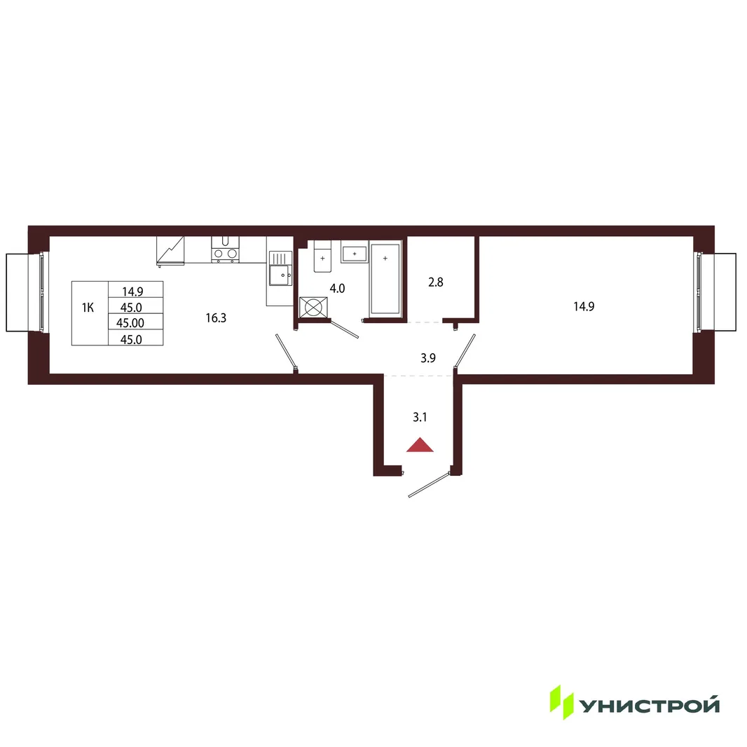 Планировка 1-комн. квартира, 45 м² ЖК «Лисино»