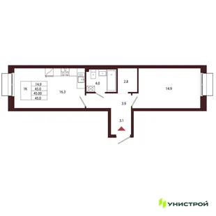 Планировка 1-комн. квартира, 45 м² ЖК «Лисино»