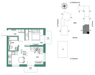 Планировка 2-комн. квартира, 43.13 м² ЖК «Уральский сад»