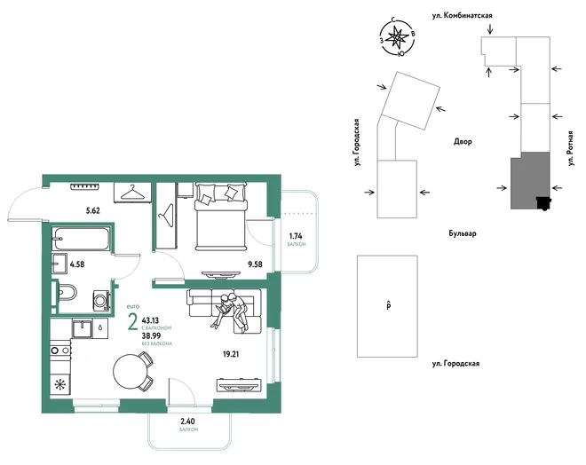 Планировка 2-комн. квартира, 43.13 м² ЖК «Уральский сад» Планировка 2-комн. квартира, 43.13 м² ЖК «Уральский сад»