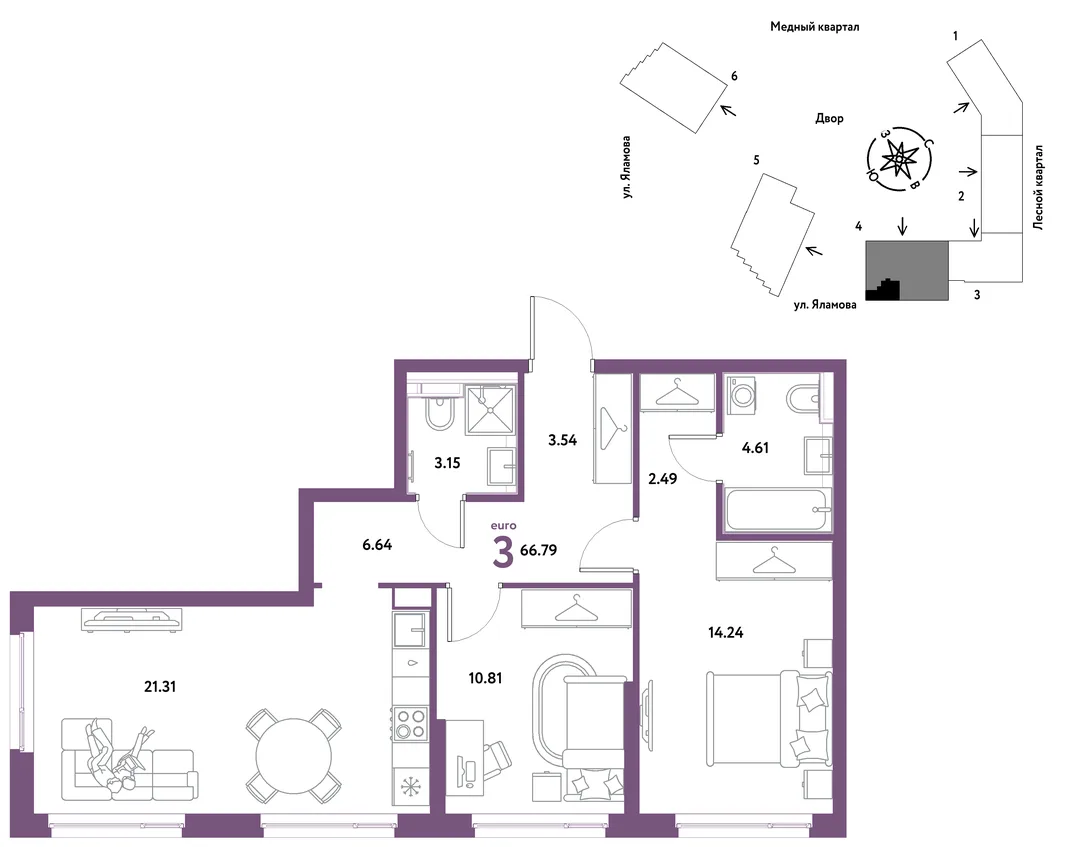 Планировка 3-комн. квартира, 66.79 м² ЖК «Сибирский сад»