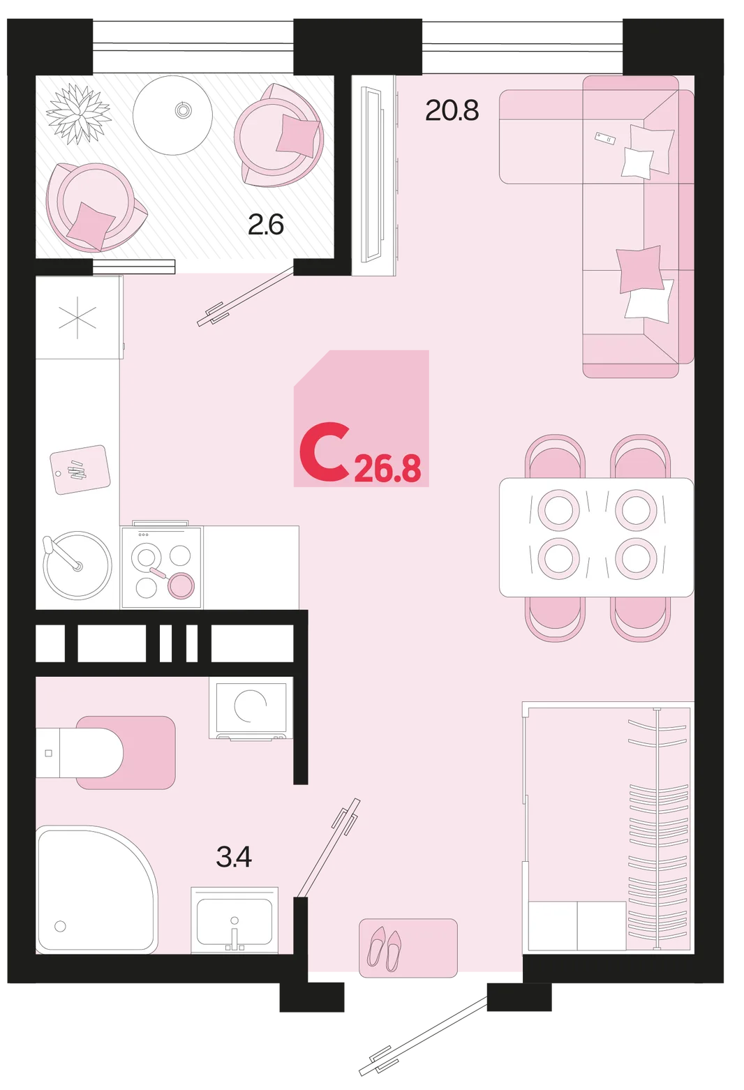 Планировка Студия, 26.8 м² ЖК «Первое место»