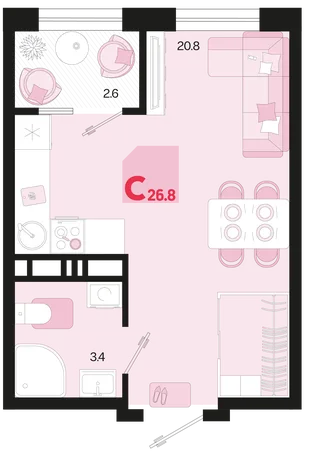 Планировка Студия, 26.8 м² ЖК «Первое место»
