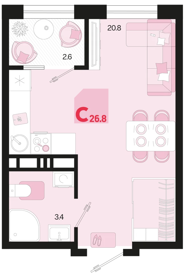 Планировка Студия, 26.8 м² ЖК «Первое место» Планировка Студия, 26.8 м² ЖК «Первое место»