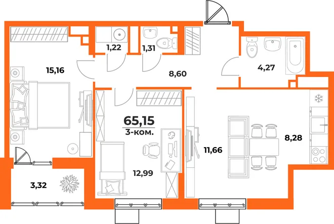 Планировка 3-комн. квартира, 65.15 м² ЖК «Живописный сад» Планировка 3-комн. квартира, 65.15 м² ЖК «Живописный сад»