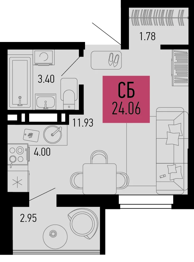 Планировка Студия, 24.06 м² ЖК «Столицыно»