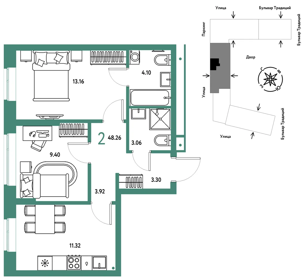 Планировка 2-комн. квартира, 48.26 м² ЖК «Микрорайон Домашний»